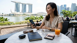 A woman holding a smartphone at an outdoor cafe overlooking Marina Bay Sands beside a WClub888 Public Etiquette Guide and a Courtesy & Discretion acrylic block.