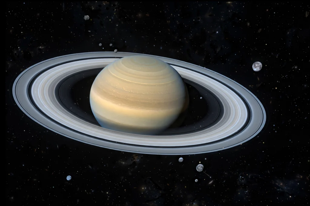 Stacked deep space images revealing faint moons around the planet Saturn