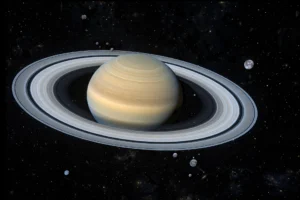 Stacked deep space images revealing faint moons around the planet Saturn