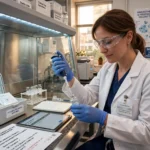 Medical researcher reviewing personalised vaccine trial data on screen