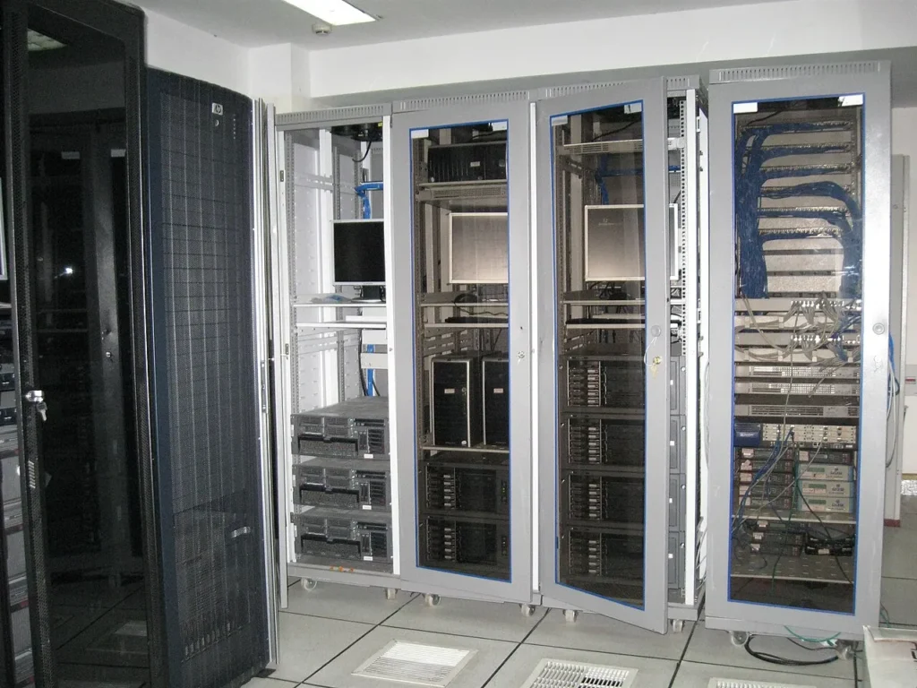 Server equipment inside a large organisational data centre.