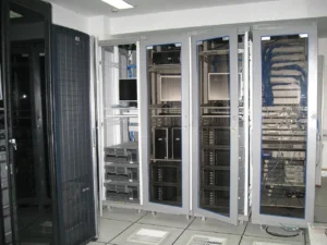 Server equipment inside a large organisational data centre.