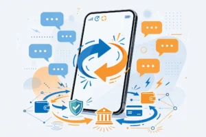 A smartphone sending an instant payment as quickly as a text message, illustrating real-time money transfers.